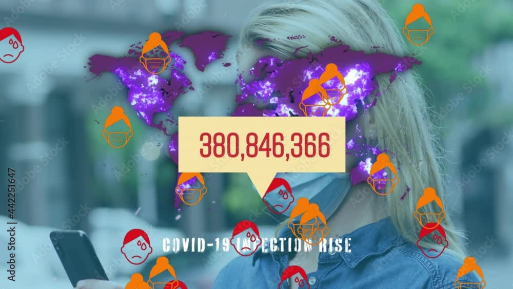 Poster animation of covid 19 data processing with icons over world map and woman in face mask