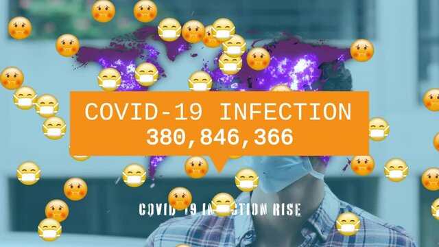 Animation of covid 19 data processing over man and multiple sick emojis with face masks