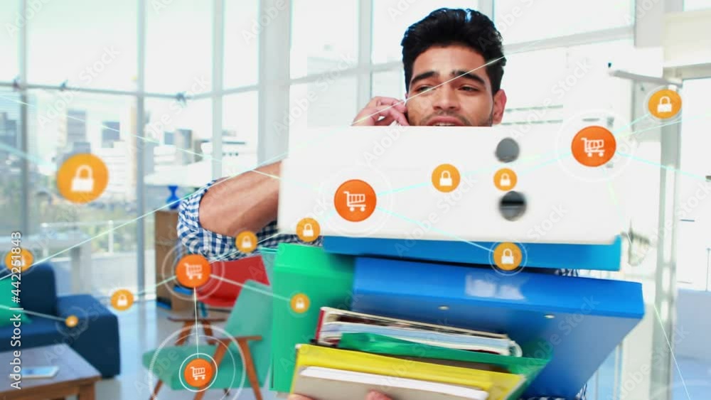 Poster animation of network of connections with icons over businessman using smartphone
