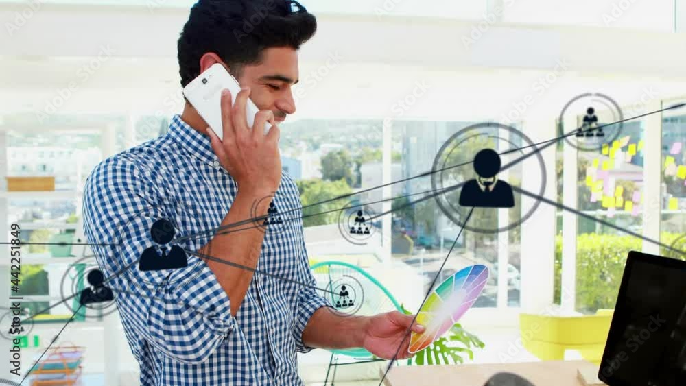 Poster animation of network of connections with icons over businessman using smartphone