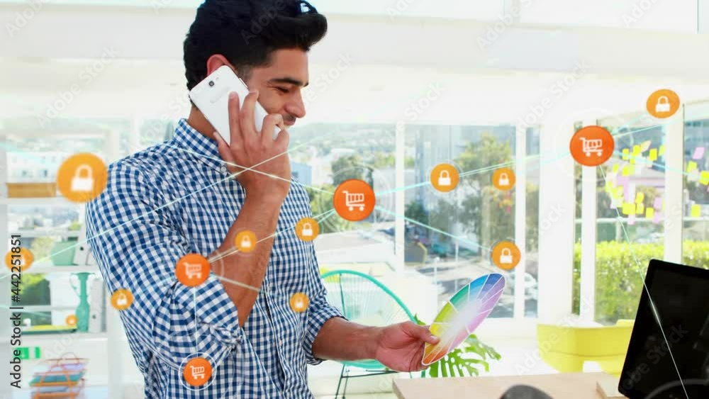 Poster animation of network of connections with icons over businessman using smartphone