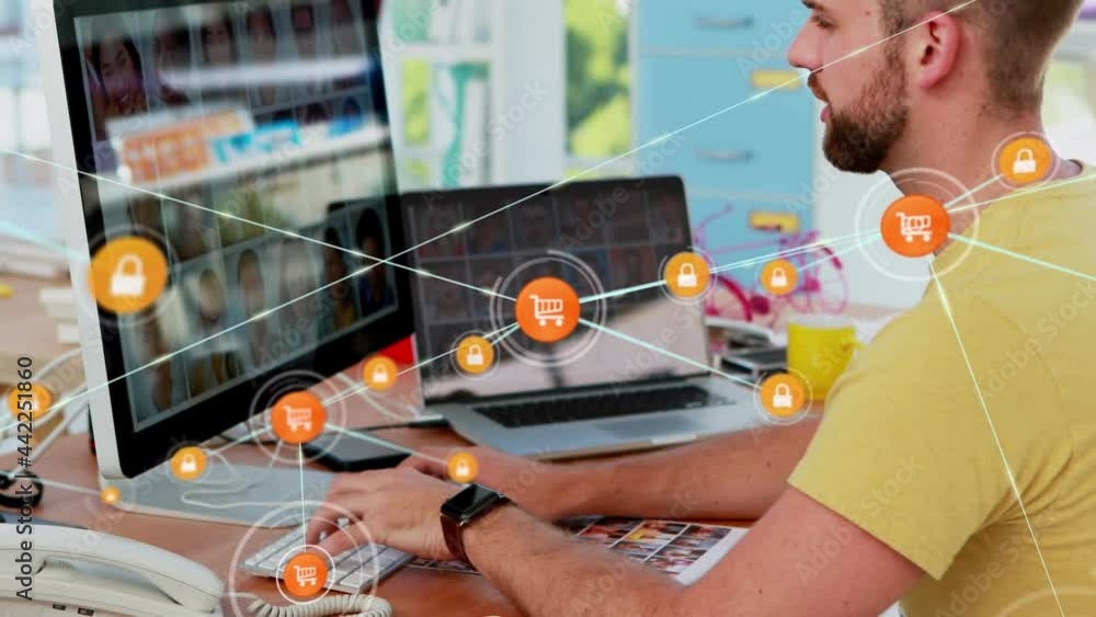 Poster animation of network of connections with icons over businessman using computer