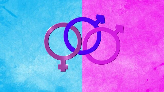 Animation of bisexual symbol, purple and pink female and two male gender symbols on pink and blue