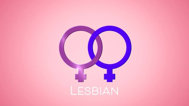 Animation of text lesbian, with two linked female gender symbols, on pink