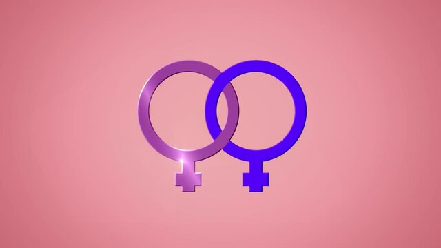 Animation of two linked purple and pink female gender symbols, identifying lesbian, on pink