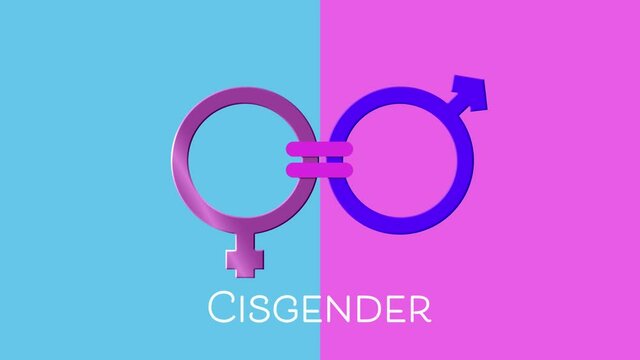 Animation of text cisgender, male and female gender symbols joined by equals sign, on pink and blue - Powered by Adobe