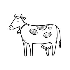 Hand drawn cute farm cow. Doodle sketch style. Drawing line simple cow icon. Isolated vector illustration.