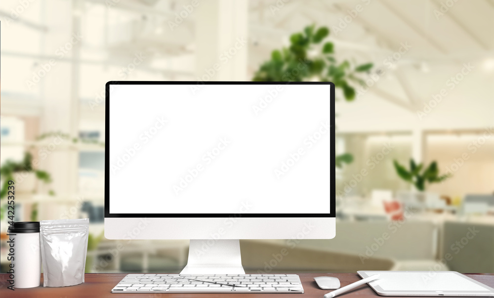 Aufkleber electronic computer notebook tablet desktop touchscreen frame mockup empty copy space pencil coffee 