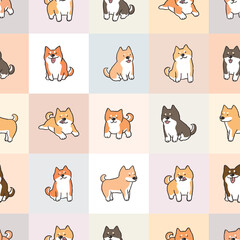 Seamless Pattern with Cartoon Shiba Inu Dog Illustration on Pastel Plaid Design
