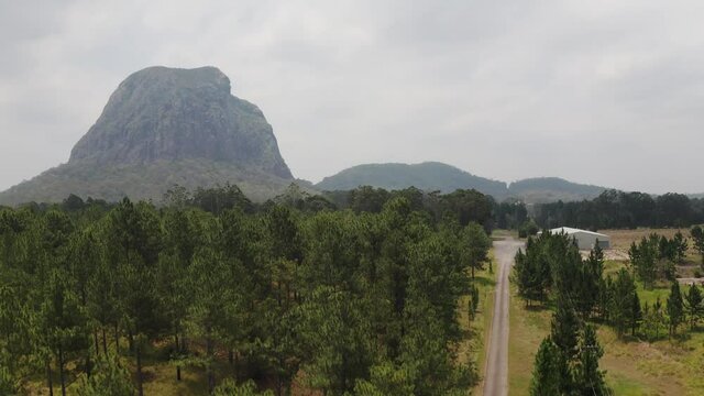 Forested Landscape And Scenic Hill At Glass House Mountains On Sunshine Coast Region, Queensland, Australia - aerial shot
