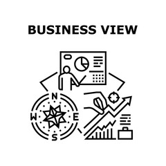 Business View Vector Icon Concept. Business View On Company Perspective And Career Opportunity, Researching Financial Report And Presentation Strategy. Advantage And Ambition Black Illustration