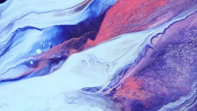 Fluid art drawing video, trendy acrylic texture with colorful waves. Liquid paint mixing backdrop with splash and swirl. Detailed background motion with coral, blue and navy blue overflowing colors.
