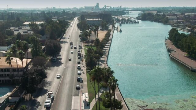 Aerial: Downtown Stockton and San Joaquin River, California, USA