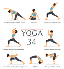 Set of 8 yoga poses or asana posture in flat design. Beauty woman in blue sportswear and black yoga pants is doing exercise at home for body stretching. Yoga infographics. Vector illustration.