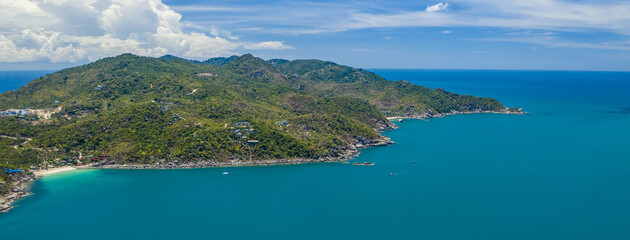 Obraz premium Koh Tao Island Ko Tao Island Thailand Drone Aerial Shot with Copy Space blue green turquoise landscape panorama