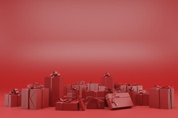 Minimal product background for Christmas, New year and sale event concept. Red gift box with red ribbon bow on red background. 3d render illustration. Clipping path of each element included.
