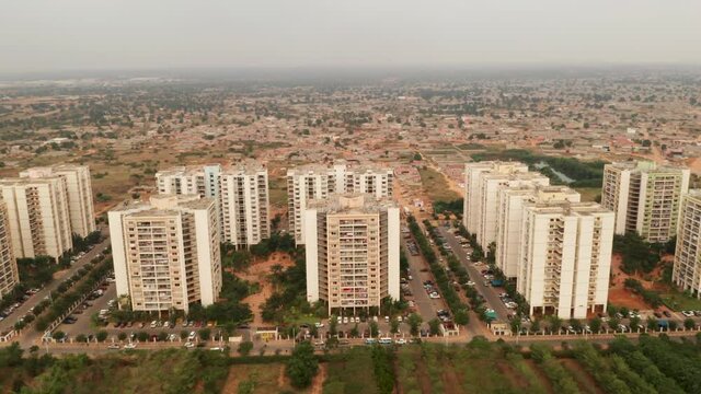 Travelling front, drone, Centrality of Zango, Luanda, Angola, Africa today, social contrasts, harsh realities
