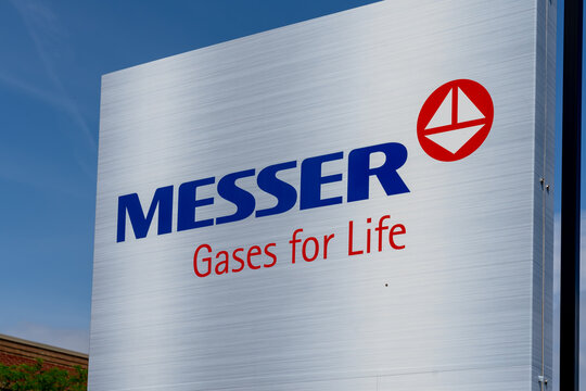 Mississauga, On, Canada - June 27, 2021: Close up of Messer sign outside their Canadian head office in Mississauga, On, Canada. The Messer Group GmbH is a supplier of industrial gases based in Germany