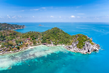 View of Koh Tao Thailand with copy space and no people South East Asia Drone Aerial UAV