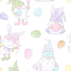 Seamless pattern. Holiday Easter cute cartoon gnomes