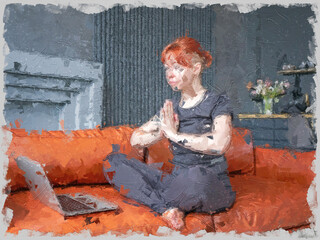 Girl folded her arms in meditative pose sitting on sofa across from laptop. Painterly image. Image in the impasto style. Large brushstroke technique