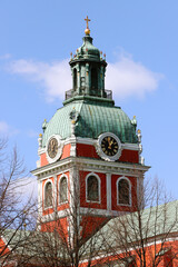 Fototapeta na wymiar The Saint James's Church, Stockholm, located at the Kungstradgarden park.