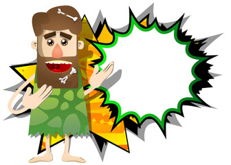 Cartoon prehistoric man showing something with both hands, powerful hand gesture. Vector illustration of a man from the stone age.
