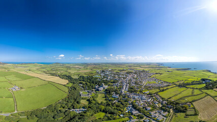 Cathedral at St Davids City, Pembrokeshire, Wales drone aerial photo landscape with copy space and no people