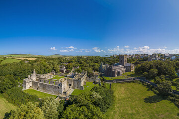 Fototapeta na wymiar Cathedral at St Davids City, Pembrokeshire, Wales drone aerial photo landscape with copy space and no people
