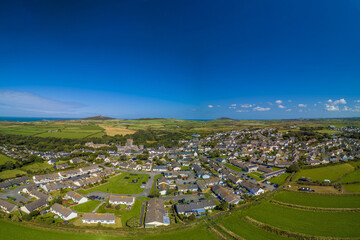 Cathedral at St Davids City, Pembrokeshire, Wales drone aerial photo landscape with copy space and no people - obrazy, fototapety, plakaty