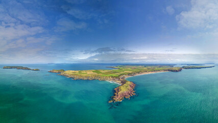 Gateholm Island at Marloes Beach, Pembrokeshire, Wales, drone aerial shot with copy space