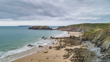 Solva, Pembrokeshire, Wales drone aerial photo of the coast line copy space and no people