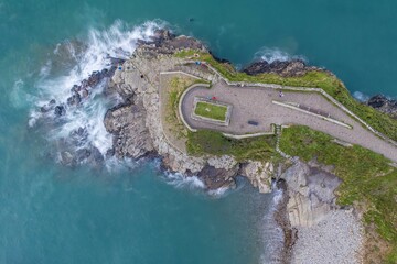 Little Haven, Pembrokeshire, Wales drone aerial landscape photo with copy space green and blue