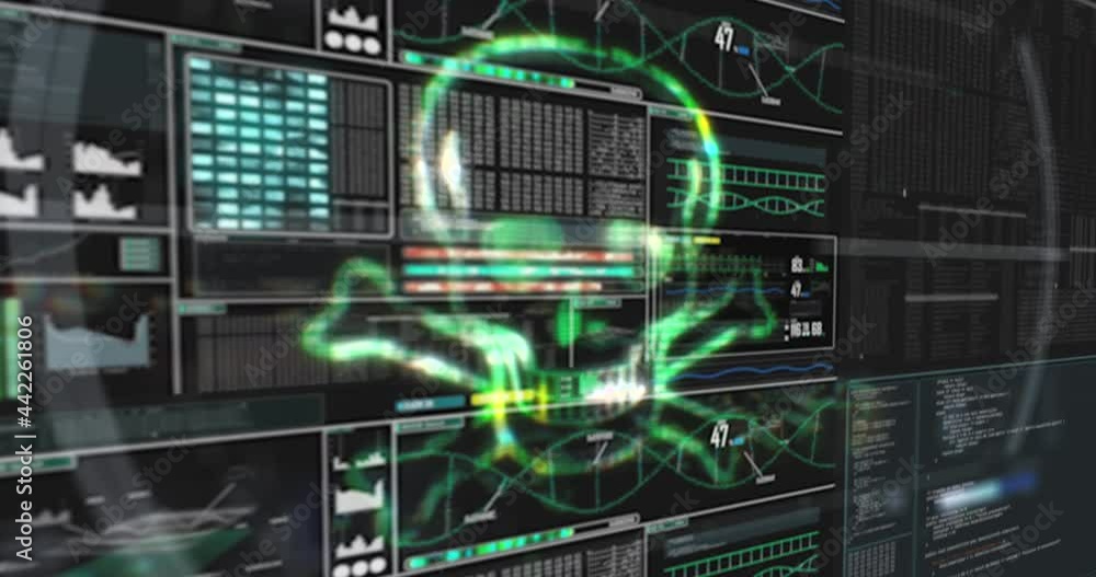 Poster hacker computer screen glitch green danger symbol skull virus, background loop, monitor, security al
