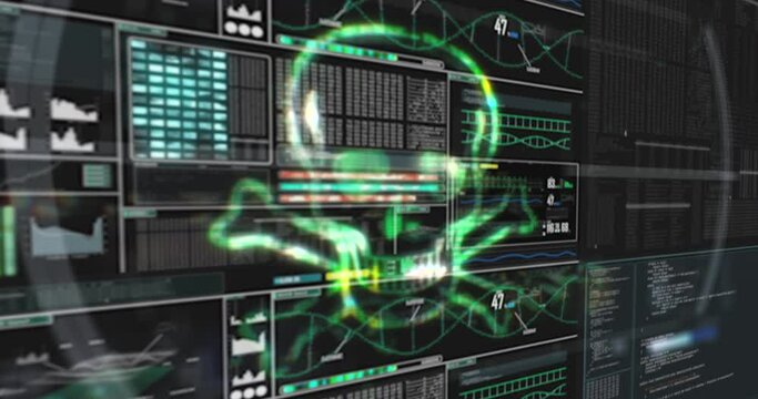 Hacker computer screen glitch green danger symbol skull virus, background loop, monitor, security alarm, firewall