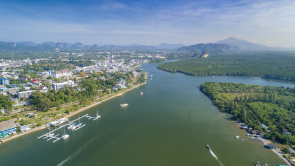 Krabi Town Thailand drone aerial ariel view of Pak Nam Krabi and Andaman Sea Panoramic Panorama...