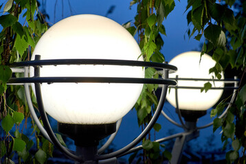 Two large round glowing street lamps in the evening. Dark time of the day