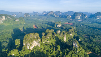 Krabi Town Thailand drone aerial ariel view of Pak Nam Krabi and Andaman Sea Panoramic Panorama Copy Space No People Mountains Limestone