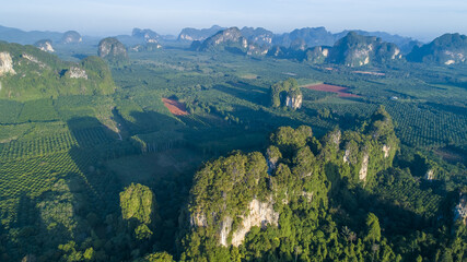 Krabi Town Thailand drone aerial ariel view of Pak Nam Krabi and Andaman Sea Panoramic Panorama Copy Space No People Mountains Limestone Drone Aerial Ariel UAV