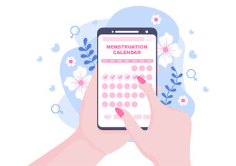Menstruation Period Calendar Women To Check Date Cycle. Illustration of Reproductive Organs Female, Sanitary Napkin and Medicine