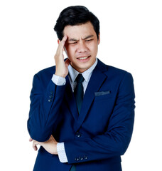 Young attractive asian business man wearing navy blue suit with white shirt and necktie put his hand on his head looking disappointed and stressful. White background isolated