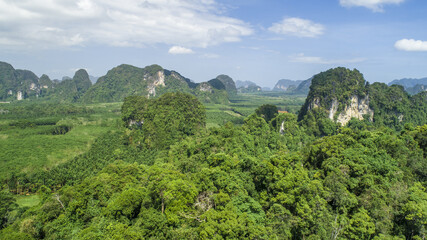 Krabi Town Thailand drone aerial ariel view of Pak Nam Krabi and Andaman Sea Panoramic Panorama Copy Space No People Mountains Limestone