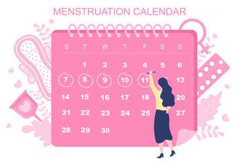 Menstruation Period Calendar Women To Check Date Cycle. Illustration of Reproductive Organs Female, Sanitary Napkin and Medicine