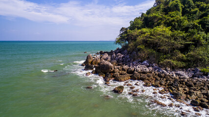 Laem Hua Mong-Kho Kwang Viewpoint in Chumphon Thailand, sea land drone aerial view with copy space and boats