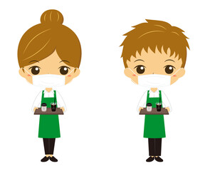 マスクを着けて商品を出すレストラン、カフェ店員