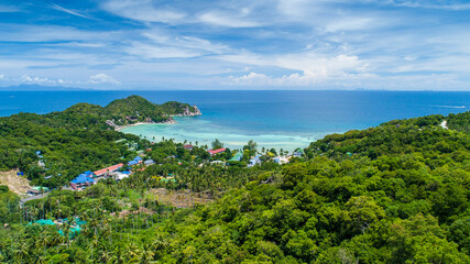 Koh Tao Island Ko Tao Island Thailand Drone Aerial Shot with Copy Space blue green turquoise landscape panorama