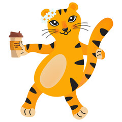 A funny tiger cub is drinking coffee. Cheerful character with a floral wreath on his head. Cute symbol of 2022 with paper cup. Bright vector illustration for calendar, postcard, poster, baby fabric.