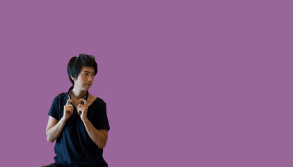 Cool short hair Asian woman young adult life style headphone sunglasses thinking copy space