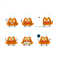 Cartoon character of orange pudding with cerry with various chef emoticons. Vector illustration