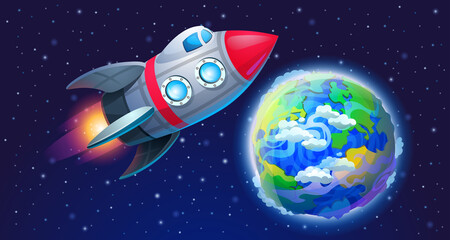 The rocket flies in space opposite the stars and planet Earth. Vector illustration of space adventure.